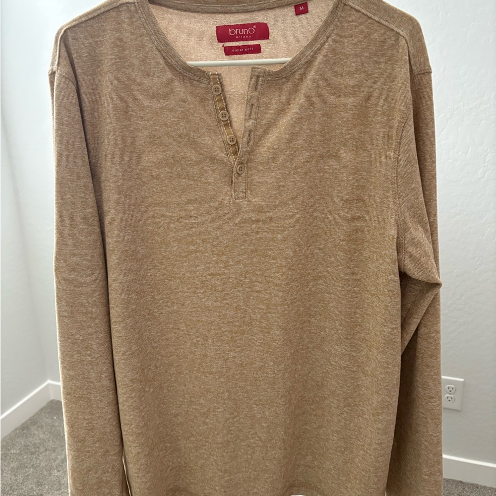 Men’s Long Sleeve Beige/Brown/Tan Henley - Medium - Dressy or Casual
